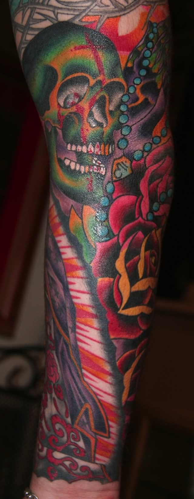 Colorful Skull With Roses Tattoo Design For Full Sleeve