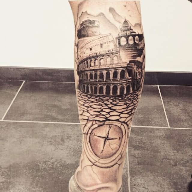 Colosseum With Compass Tattoo Design For Leg