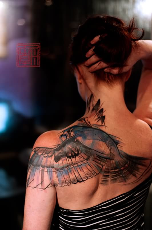 Cool Abstract Bird Tattoo On Girl Left Back Shoulder By Valentin Hirsh