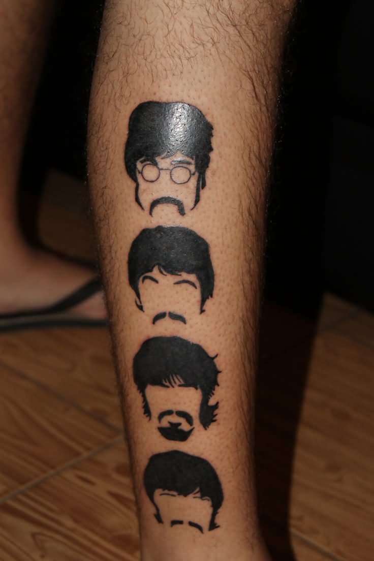 Cool Black Beatles Faces Tattoo On Right Leg