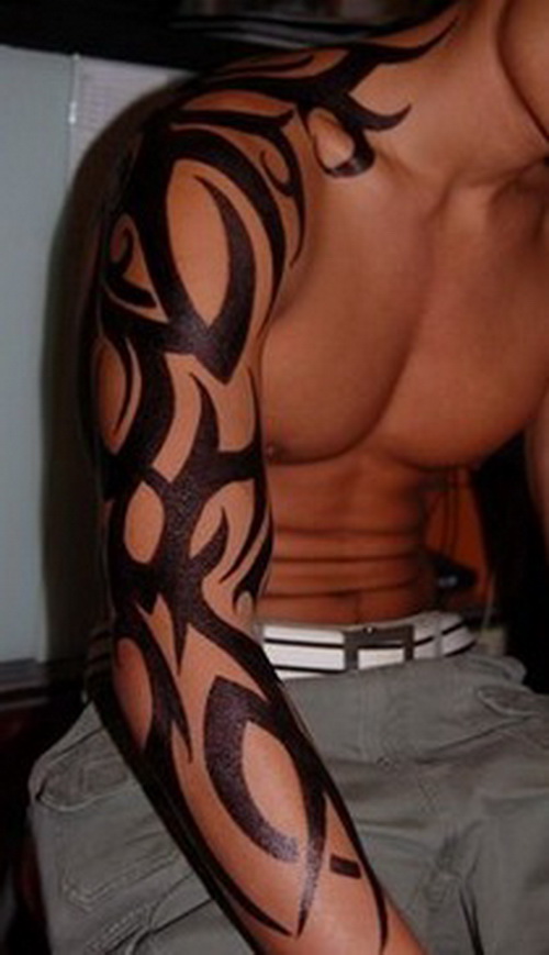 Cool Black Tribal Design Tattoo On Man Right Full Sleeve