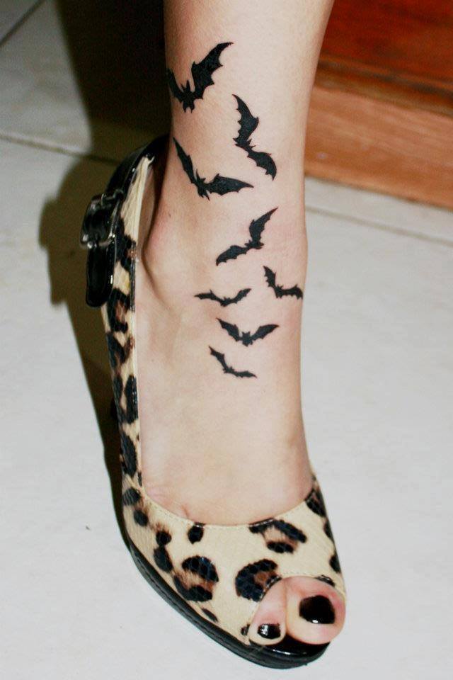 Cool Flying Bats Tattoo On Ankle For Girls