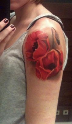 Cool Opium Poppy Flowers Tattoo On Girl Shoulder