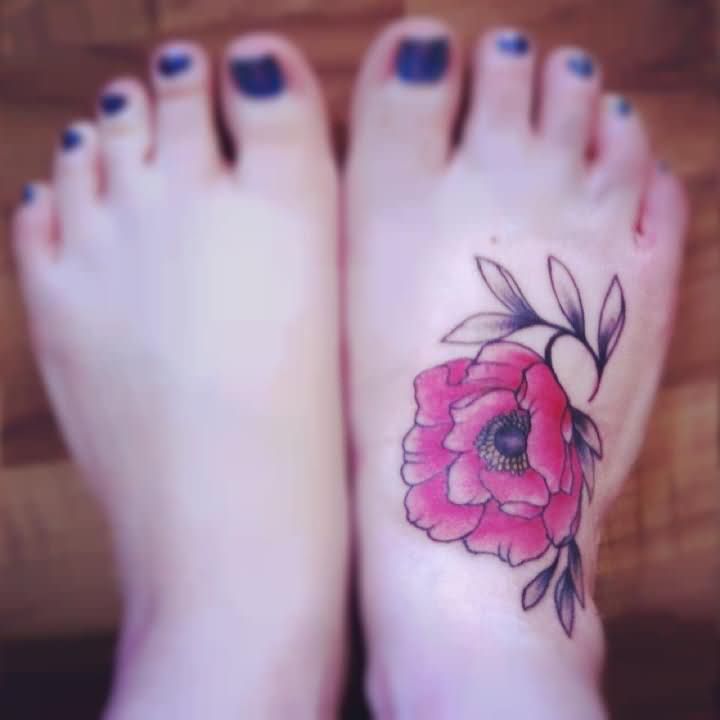 Cool Poppy Flower Tattoo On Girl Right Foot