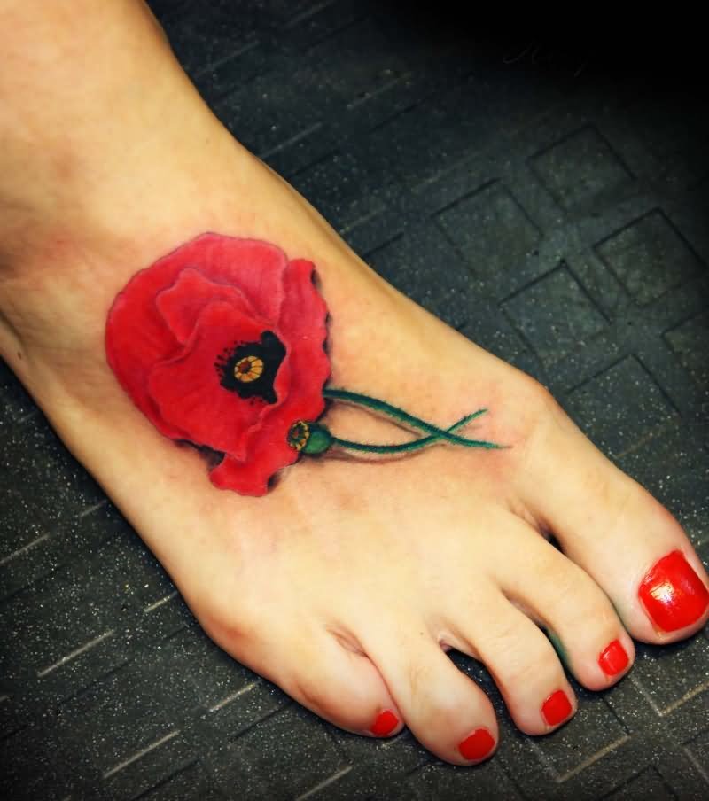Cool Poppy Flower Tattoo On Girl Right Foot