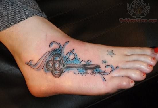 Cool Skeleton Key Tattoo On Right Foot