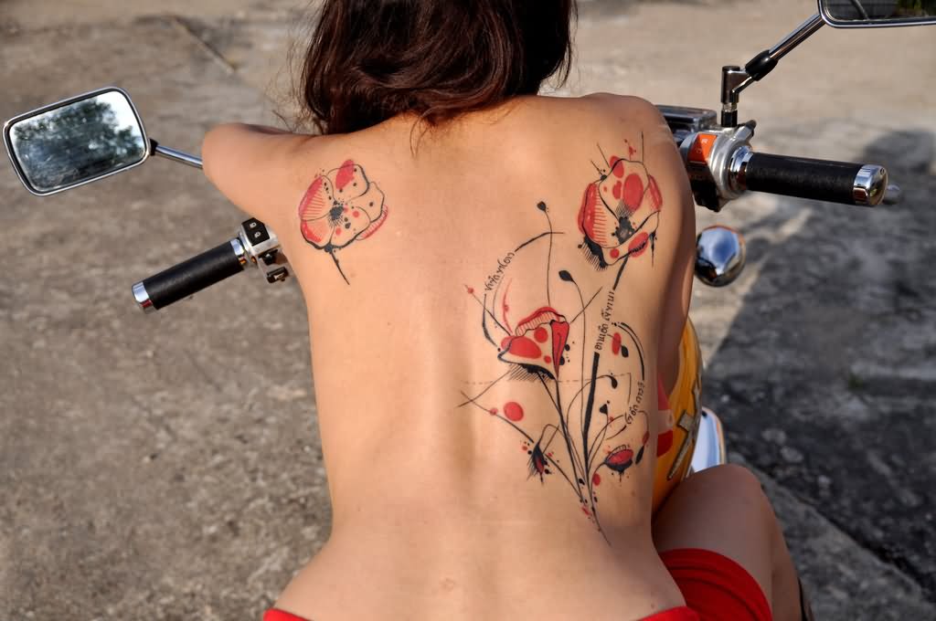 Cool Watercolor Poppy Flowers Tattoo On Girl Back