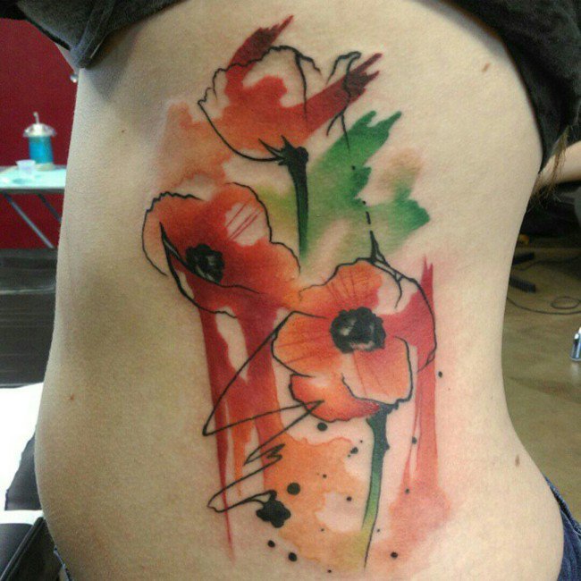 Cool Watercolor Poppy Flowers Tattoo On Side Rib