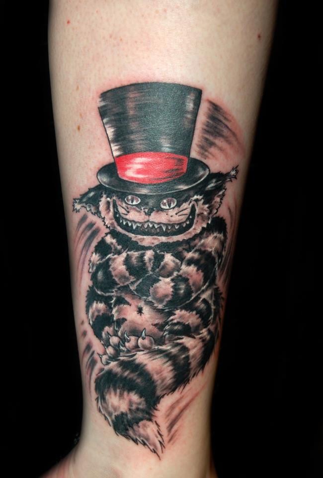 Crazy Cheshire Cat Tattoo On Leg
