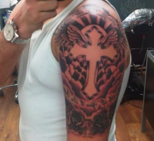 Cross With Wings And Clouds Tattoo On Left Half Sleeve