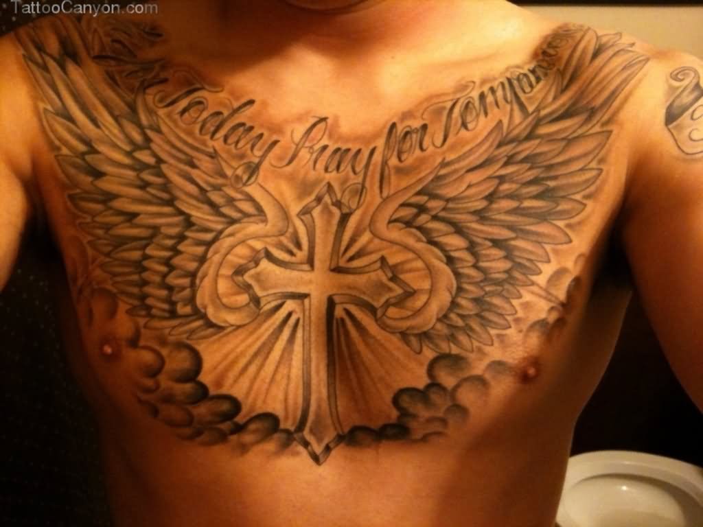 Cross With Wings And Clouds Tattoo On Man Chest