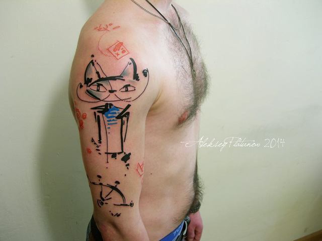 Cute Abstract Cat Tattoo On Man Right Half Sleeve
