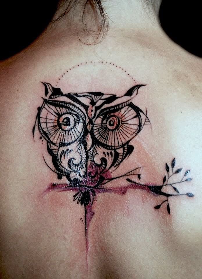 Cute Abstract Owl Tattoo On Girl Upper Back