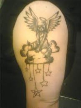 Cute Angel With Clouds And Stars Tattoo On Half Sleeve
