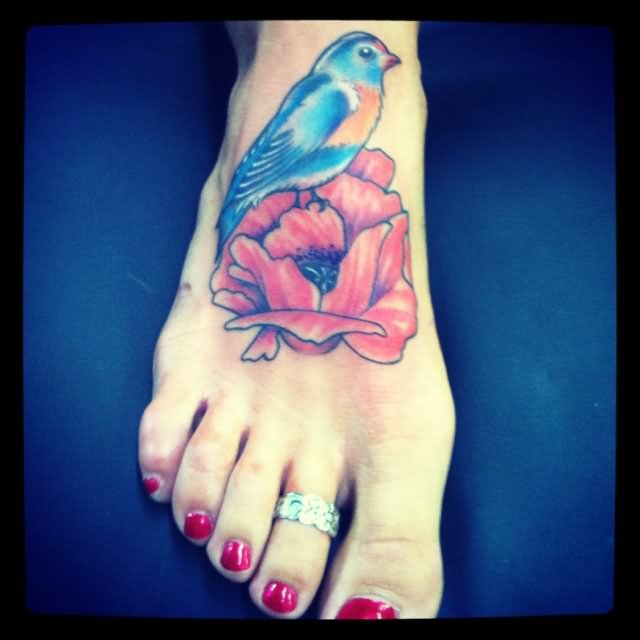 Cute Bird With Poppy Flower Tattoo On Girl Right Foot