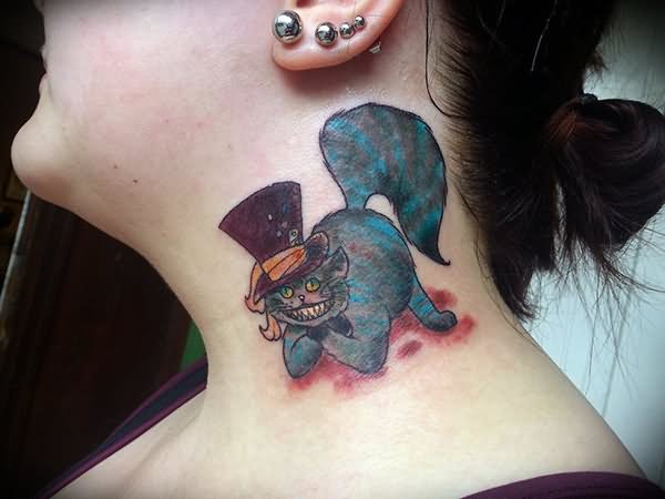 Cute Cheshire Cat With Hat Tattoo On Side Neck
