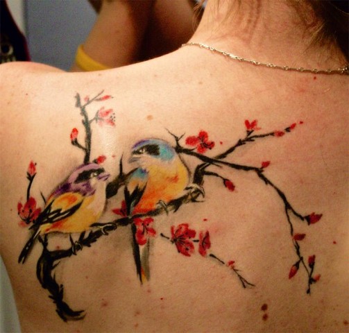 Cute Two Abstract Birds Tattoo On Left Back Shoulder By Melina