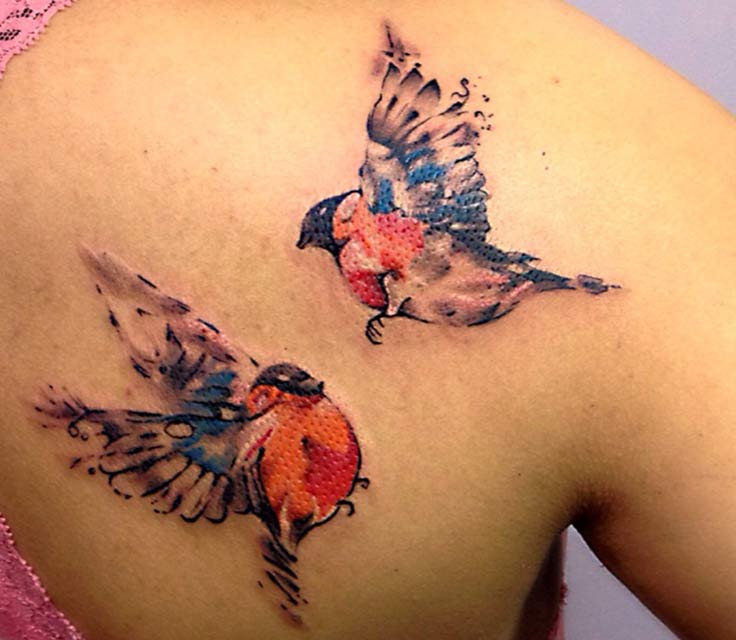 Cute Two Abstract Birds Tattoo On Right Back Shoulder