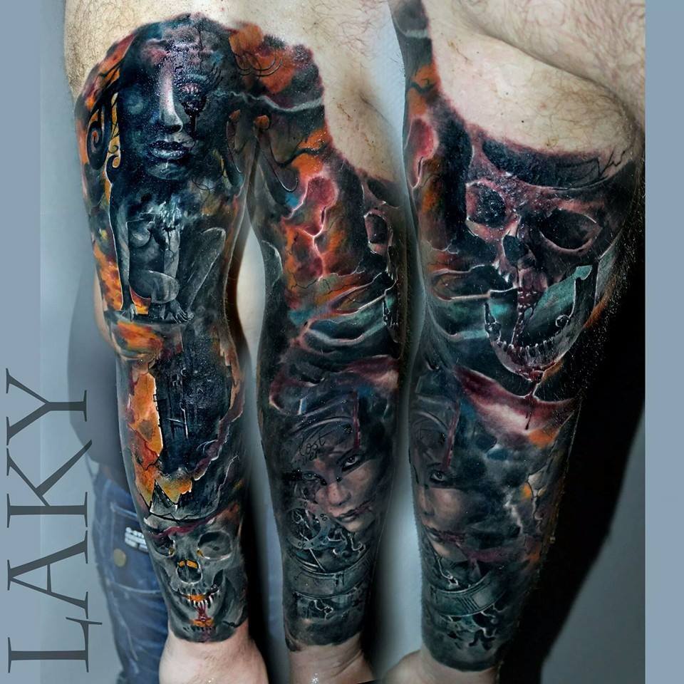 Dark Ink Full Sleeve Tattoo by Maksims Zotovs