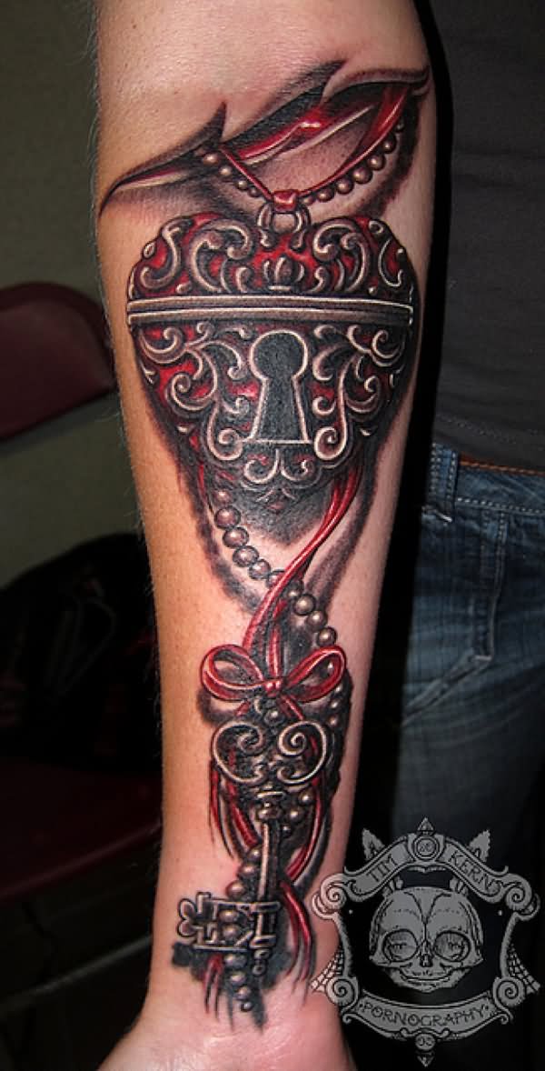 Dark Ink Lock Heart Skeleton Key Tattoo On Forearm