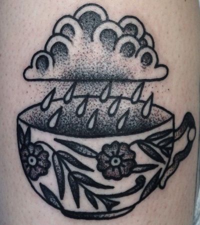 Dotwork Tea Cup With Cloud Tattoo Design