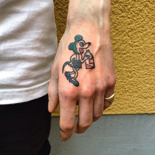 Drunk Mickey Mouse Tattoo On Left Hand