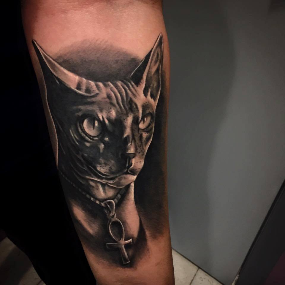 Egyptian Cat Tattoo On Forearm by Robert Villanueva