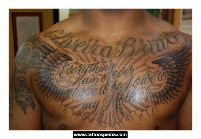Everything I Am Or Ever Will Be I Owe To My Mother - Cloud With Wings Tattoo On Man Chest