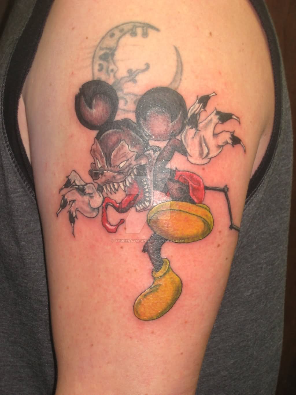 Evil Mickey Mouse Tattoo On Left Half Sleeve