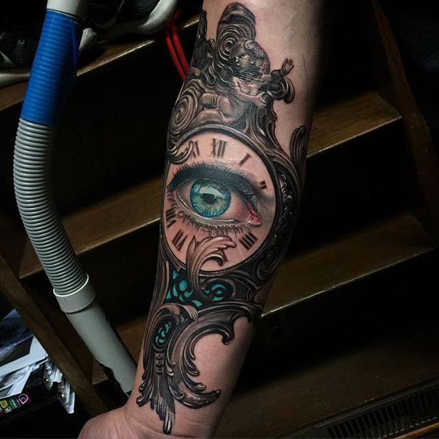 Eye in Clock Tattoo On Forearm by Rember orellana