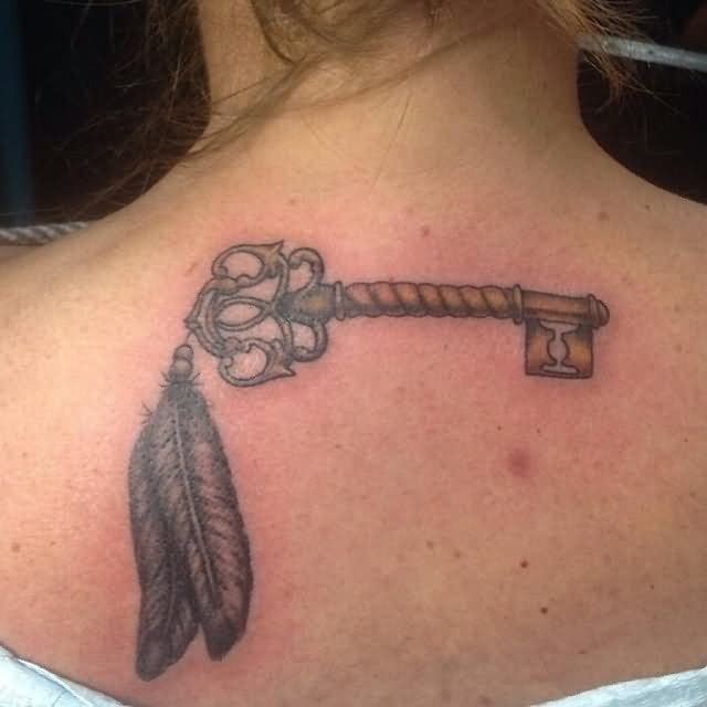 Feathers And Skeleton Key Tattoo On Upper Back
