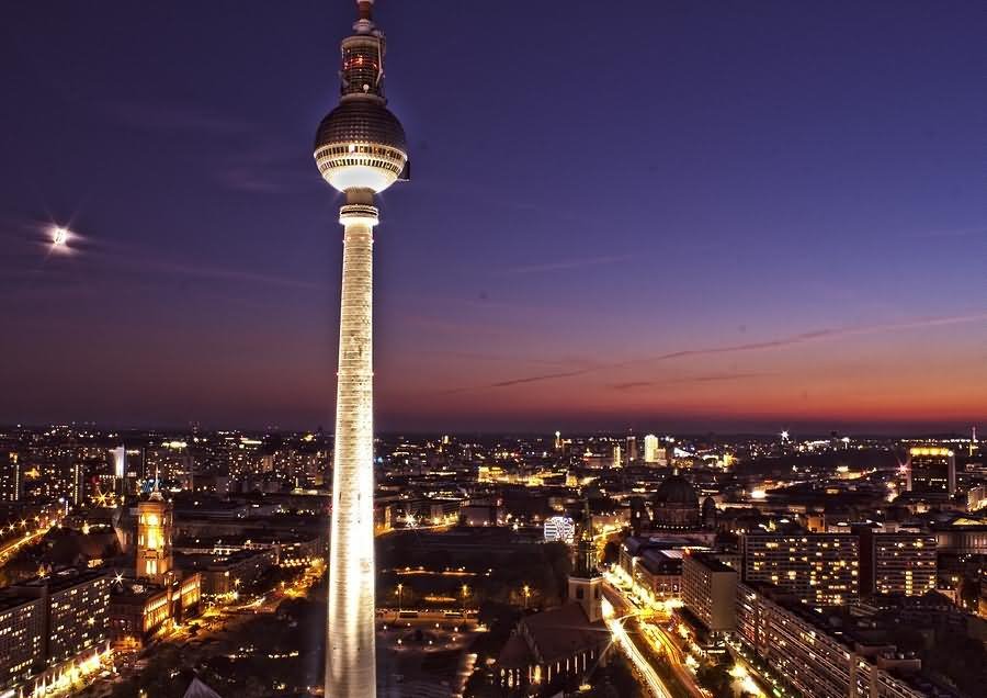 Fernsehturm Tower Illuminated In Berlin, Germany