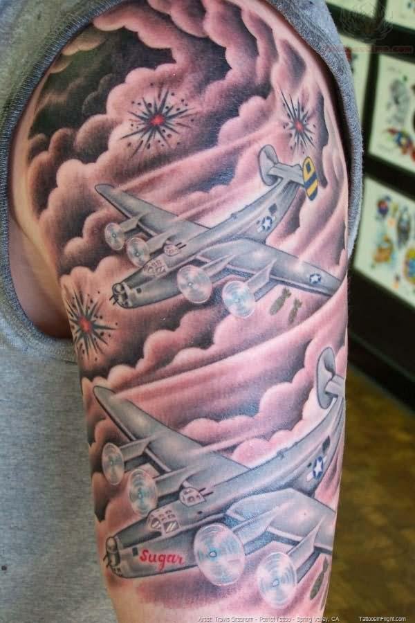 Fighter Planes With Clouds Tattoo On Half Sleeve
