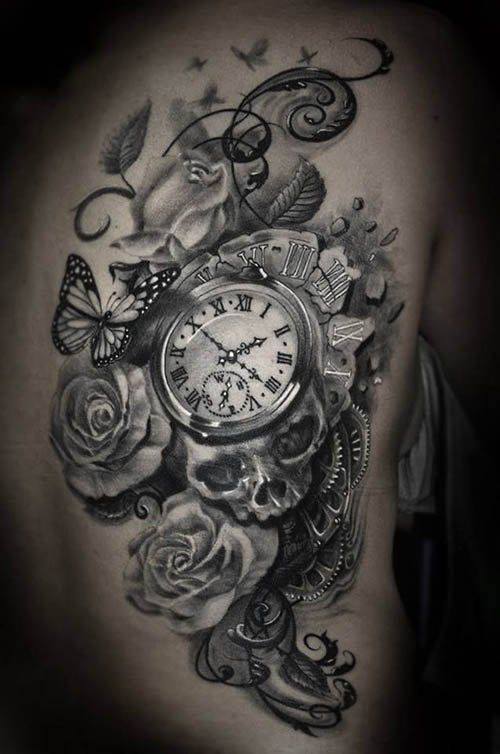 Flowers And Pocket Watch Tattoo On Side Rib