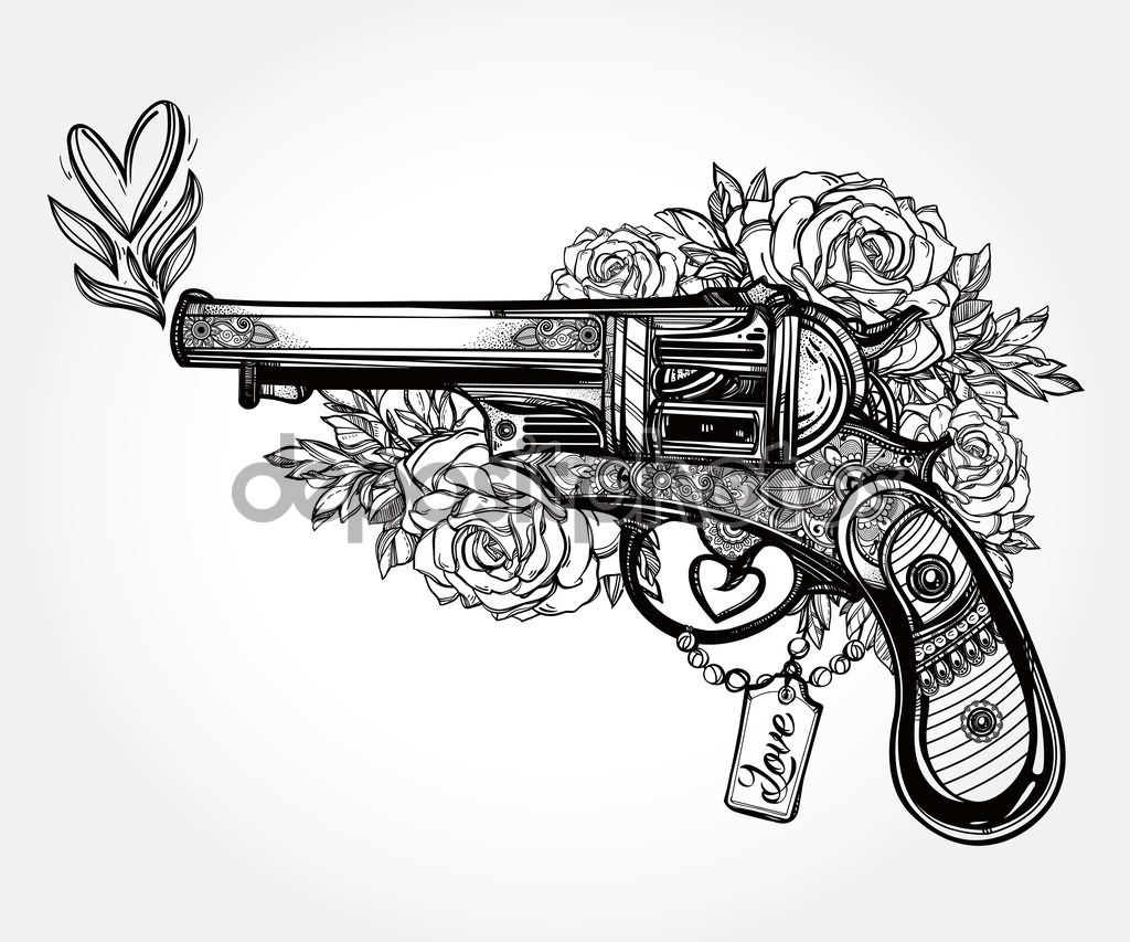 Flowers And Revolver Tattoo Design