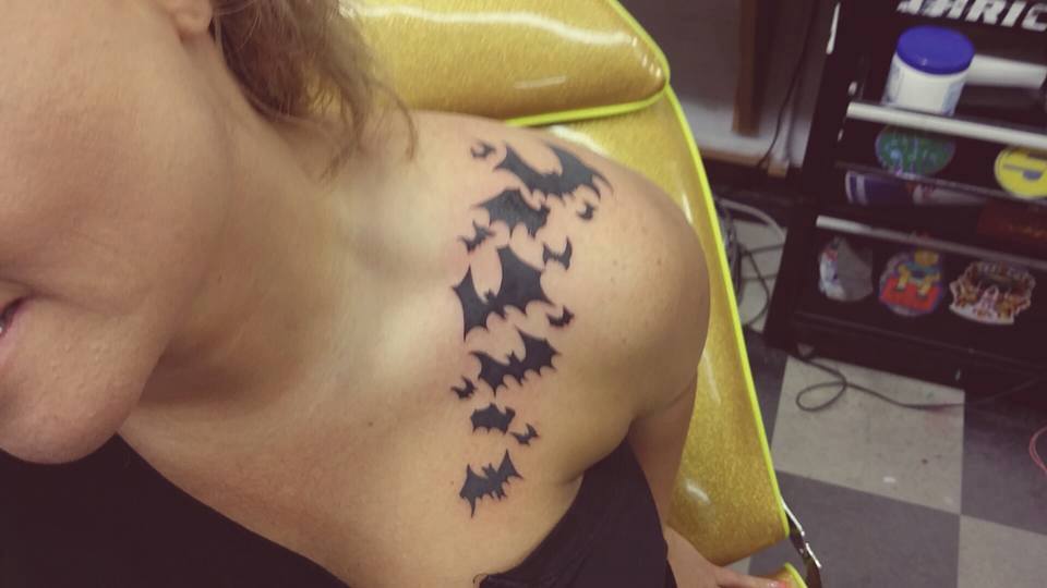 Flying Bat Tattoos On Girl Front Shoulder