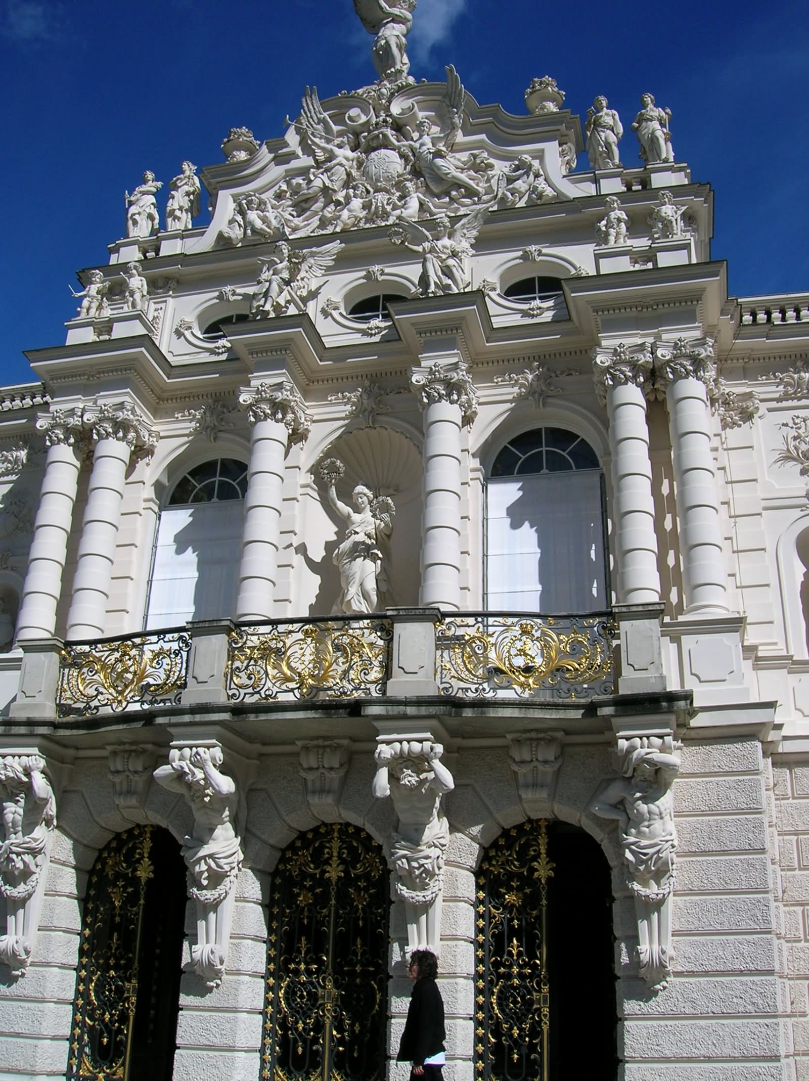 Front Facade Of Linderhof Palace In Bavaria, Germany
