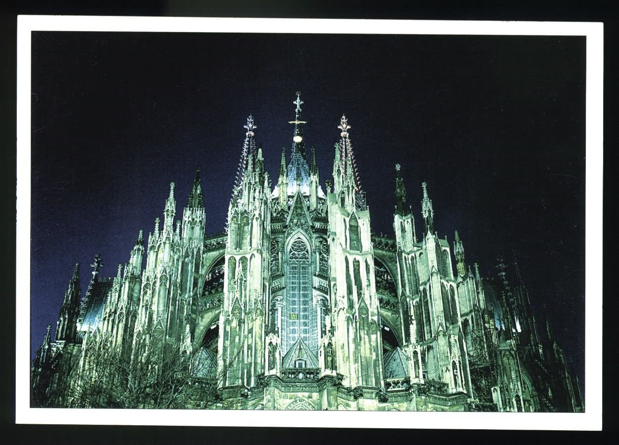 Front Facade Of The Cologne Cathedral At Night