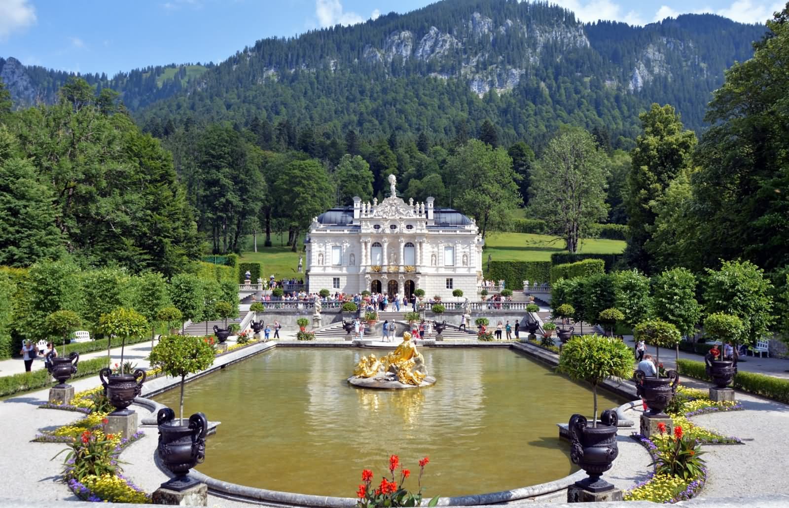 Front Image Of The Linderhof Palace In Bavaria, Germany