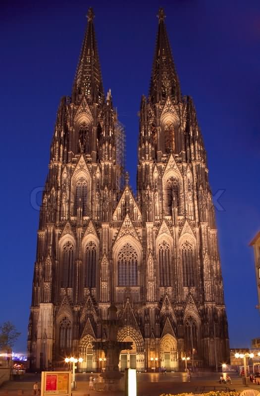 Front Picture Of The Cologne Cathedral At Night In Cologne, Germany