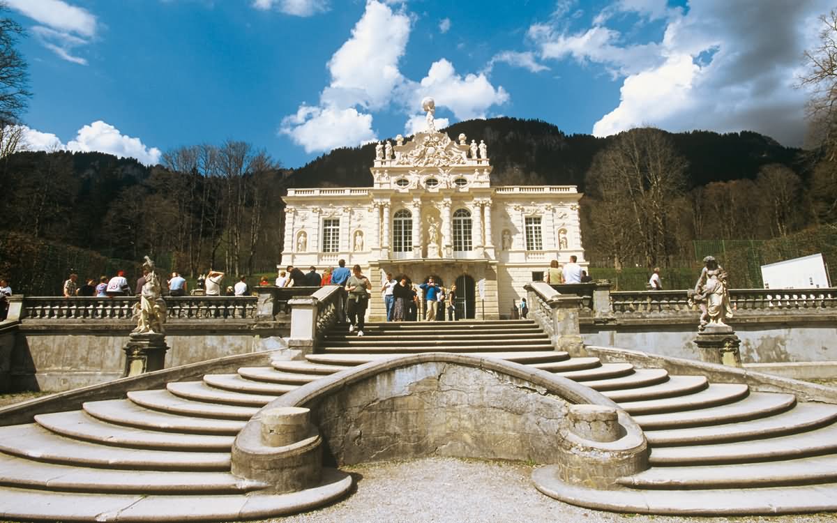 Front Picture Of The Linderhof Palace In Bavaria, Germany
