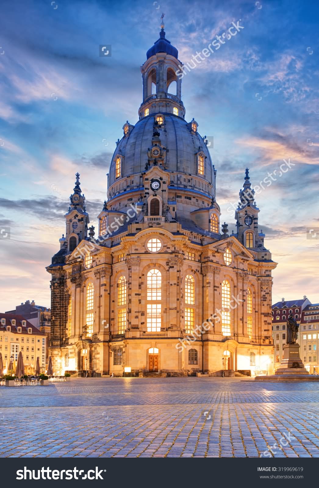Front View Of The Frauenkirche Dresden Illuminated At Night