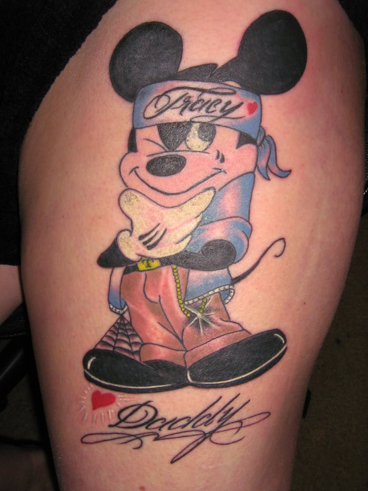 Gangster Mickey Mouse Tattoo On Left Thigh