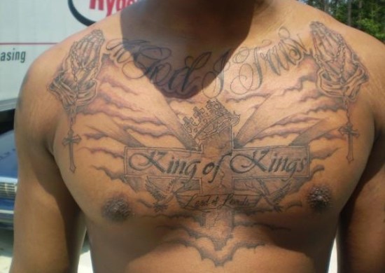 God I Trust - Cross With Praying Hands And Clouds Tattoo On Man Chest