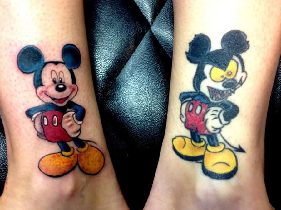 Good And Evil Mickey Mouse Tattoos On Leg