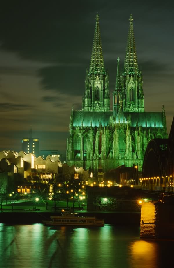 Green Lights On The Cologne Cathedral During Night