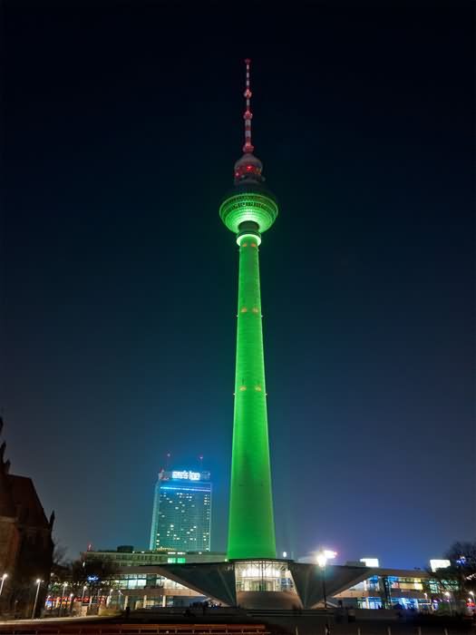 Green Lights On The Fernsehturm Tower During Night