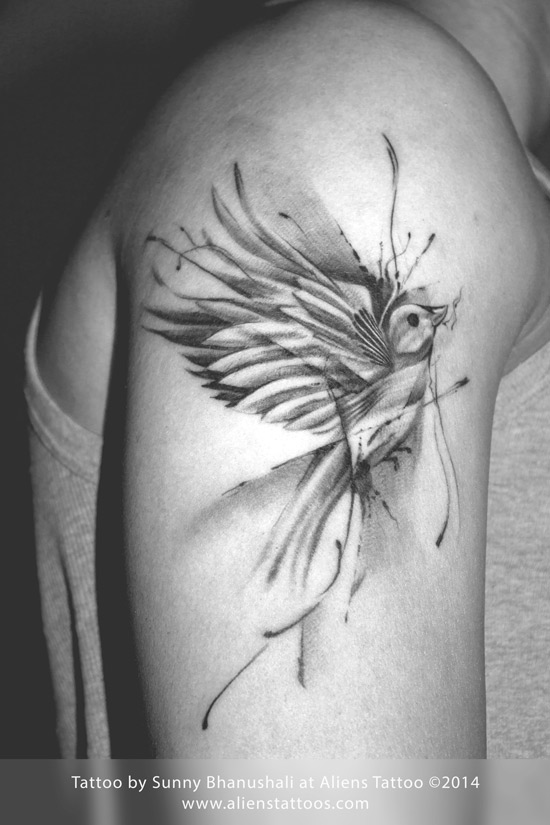 Grey Ink Abstract Flying Bird Tattoo On Right Shoulder By Sunny Bhanushali