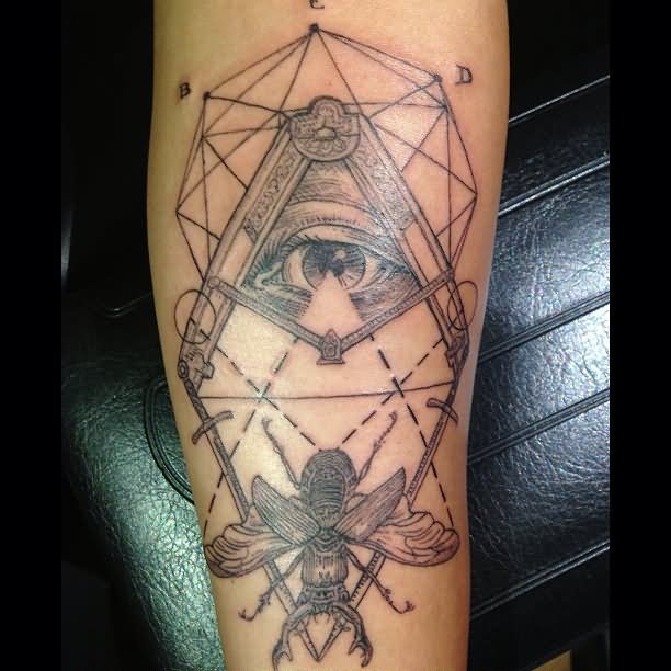 Grey Ink Abstract Geometric Eye With Beetle Tattoo Design For Sleeve