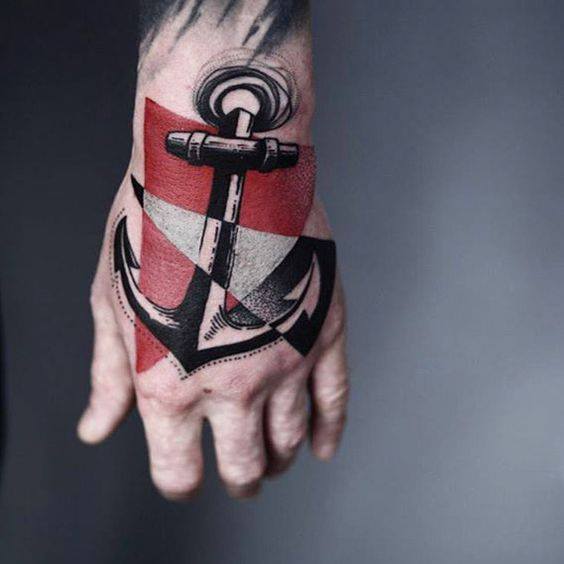 Grey Ink Anchor Tattoo On Left Hand